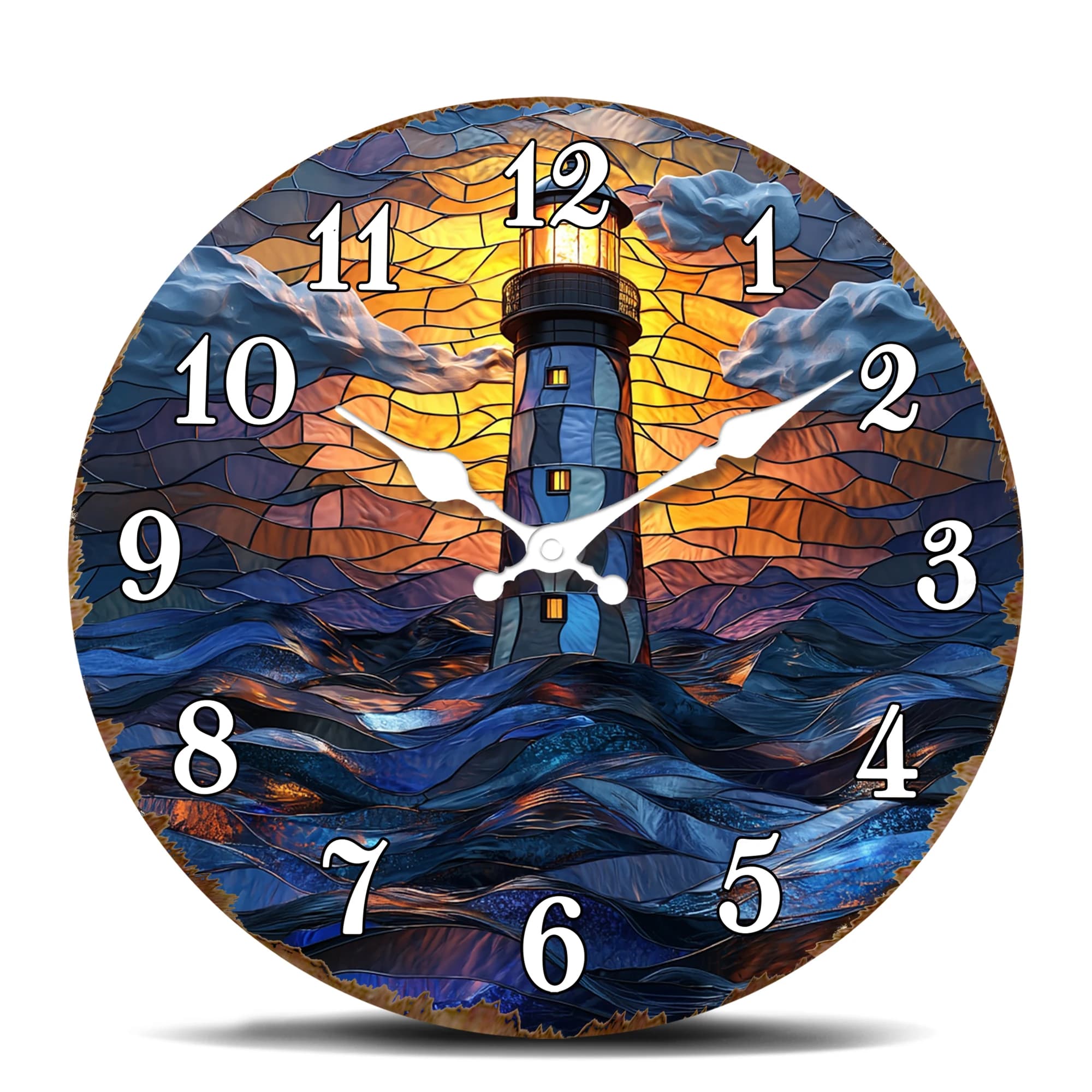 Sunset colored glass headlight Round wall clock, ribbed nautical furniture, silent quartz watch without ticking with vibrating sea sc