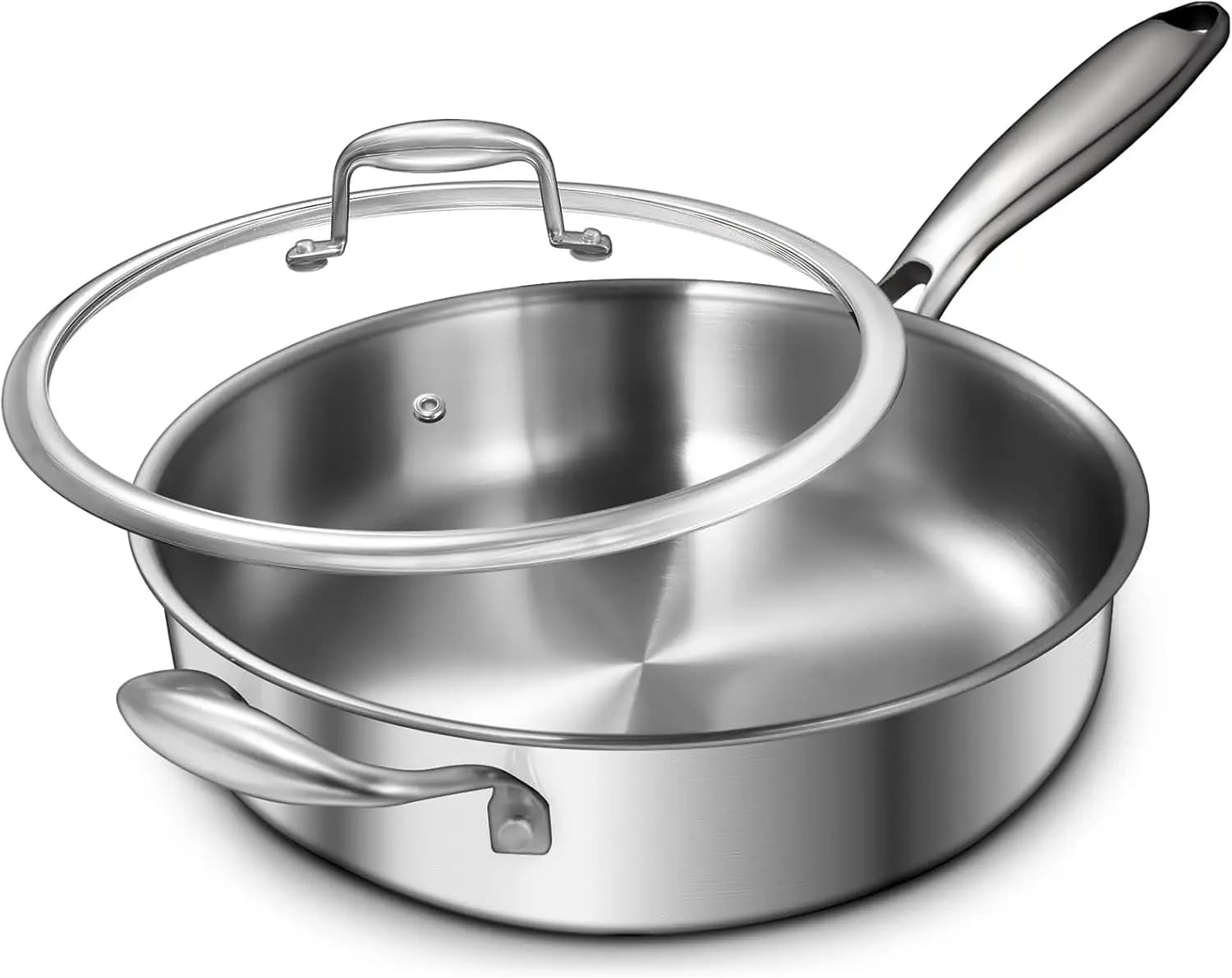 Padella in acciaio inossidabile a tre strati da 12 pollici, compatibile con tutti i piani cottura fino a 600 gradi. ℉ Padella adatta per induzione con coperchio
