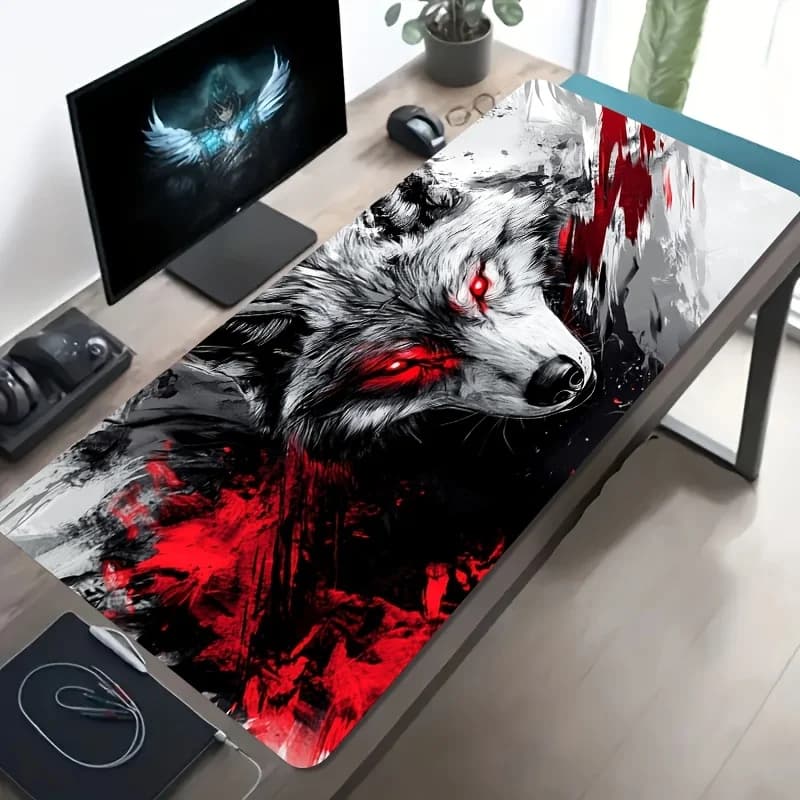 Tappetino per mouse da gioco Evil Red Eye Wolf, grande, con base in gomma antiscivolo, per ufficio e gaming