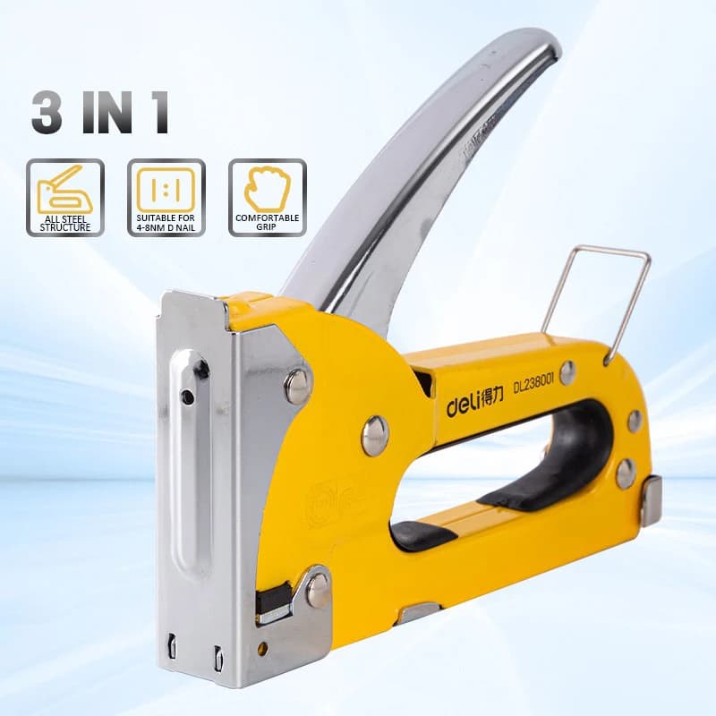 Deli 3 in 1 cucitrice pistola sparachiodi graffetta strumento per mobili resistenti per legno acciaio inossidabile metallo carpenteria strumento manuale per la casa fai da te