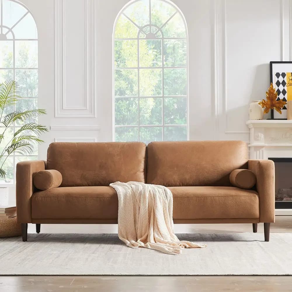 Divano a 3 Posti in Ecopelle Stile Mid-Century Moderno per Soggiorno, con Seduta Profonda, Cuscini e 2 Guanciali, Modello 79