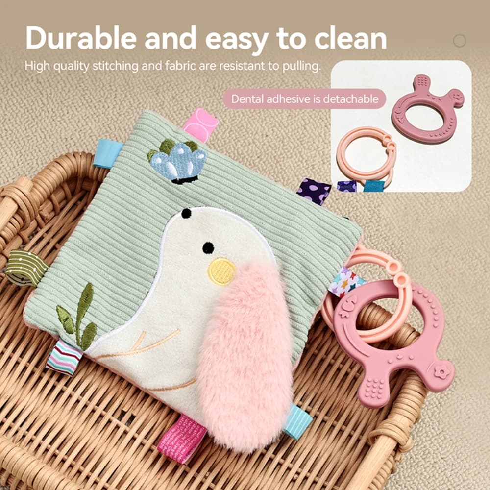 Coperta lenitiva per bambini Apprendimento precoce Giocattolo per bambini Coniglio Coperta lenitiva sensoriale Peluche Libro di coniglio di cartone animato con massaggiagengive in silicone