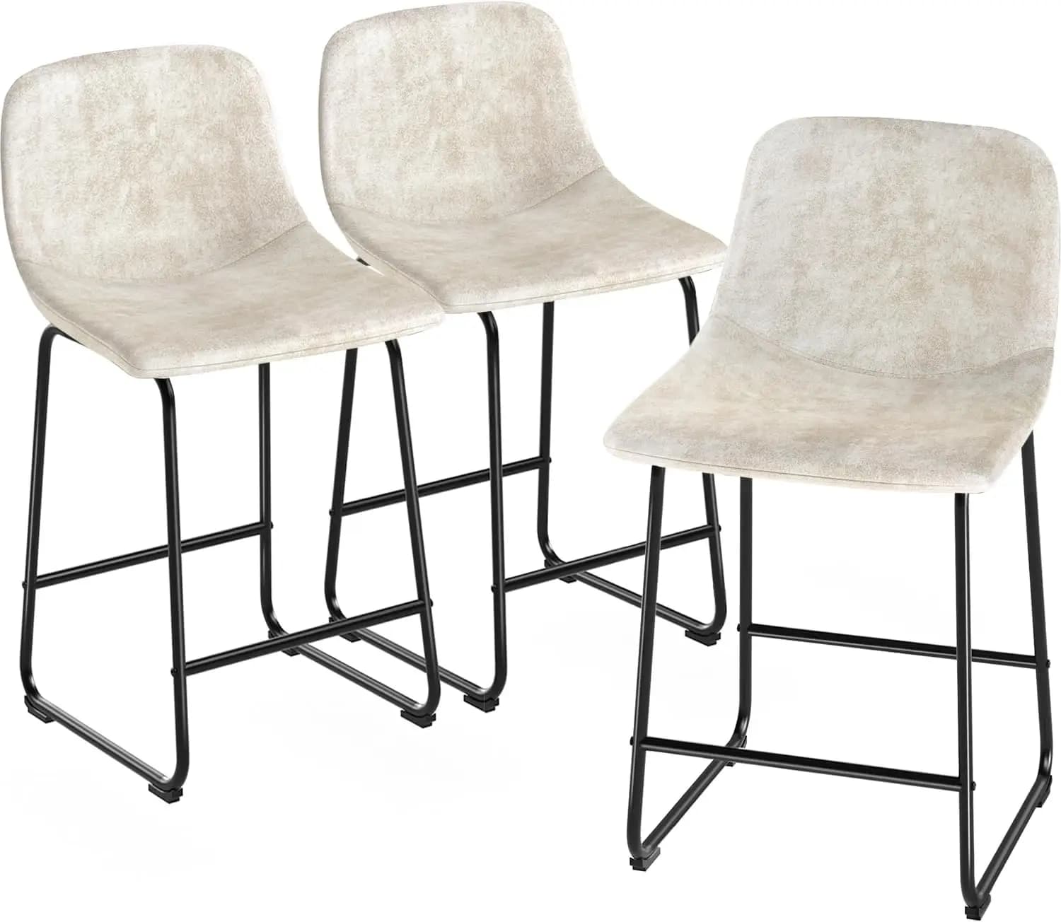 Set di 3 Sgabelli da Bancone in Tessuto Leathaire, Beige, Moderni con Schienale e Poggiapiedi, Altezza Regolabile per Pub, Caffetteria, Casa