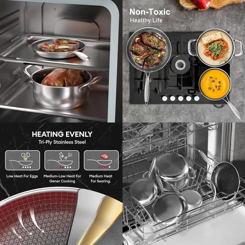 Set di pentole antiaderenti in acciaio inossidabile: padelle ibride in ceramica, padella, pentole, padella con coperchio in vetro, cassaforte per forno, induttivo