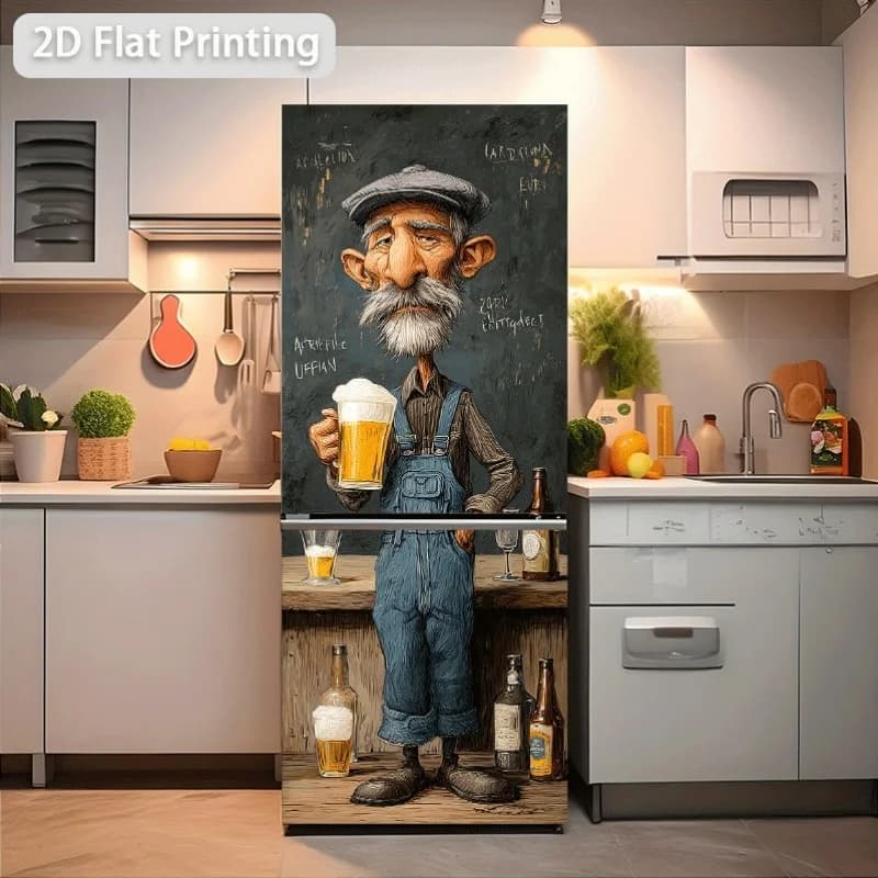 of Refrigerator Sticker Measuring Featuring an Elderly Man with a Hat And Beard, Dressed in Overalls, Holding a Beer Mug, with