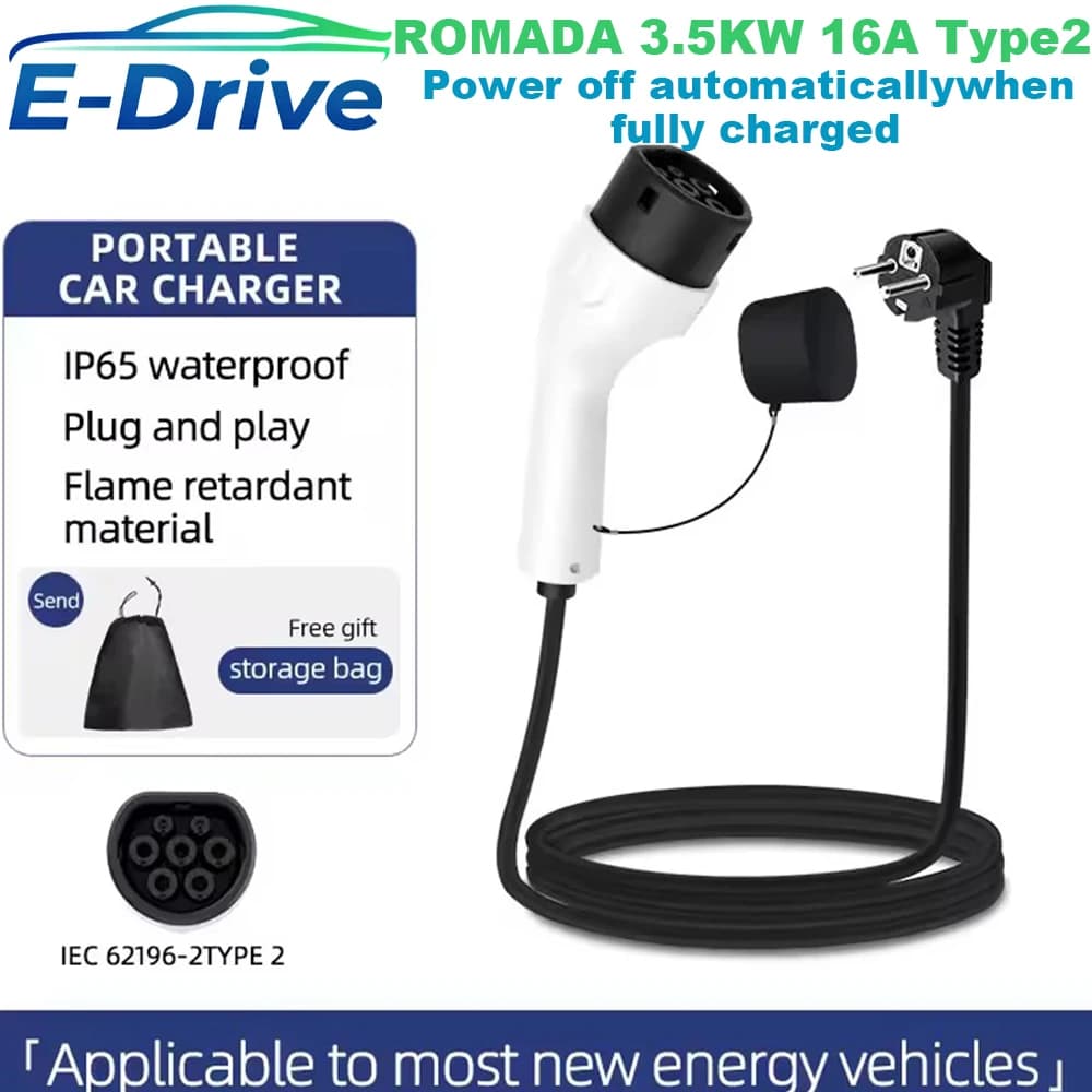2025 NUOVO ROMADA 3.5KW 16A Type2 IEC62196 EV Caricatore portatile 3M-20M Cavo EVSE Spina UE Adattatore Wallbox per veicolo elettrico