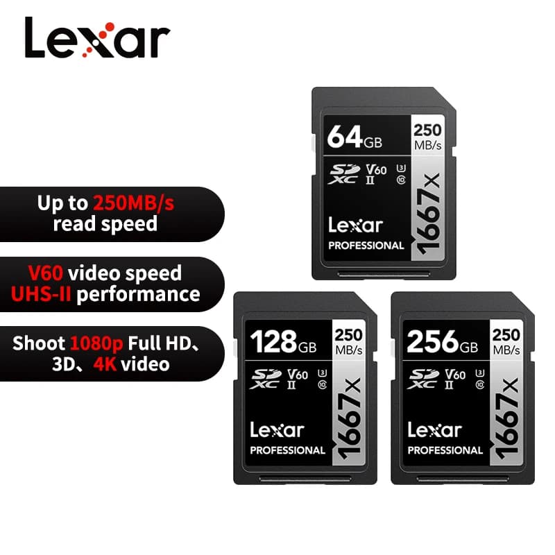 Scheda SD Lexar Professional 1667x 64GB 128GB 256GB SDXC UHS-II V60 Classe 10, Scheda di Memoria fino a 250MB/s, Scheda SD 4K per Fotocamera DSLR