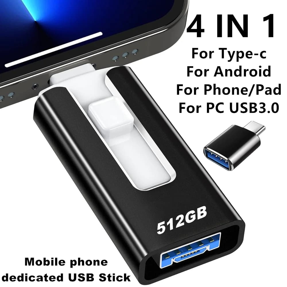 Chiavetta USB da 512GB per iPhone, Memoria Flash da 256GB, Archiviazione Video e File, Compatibile con iPad, Android, PC, App Gratuita