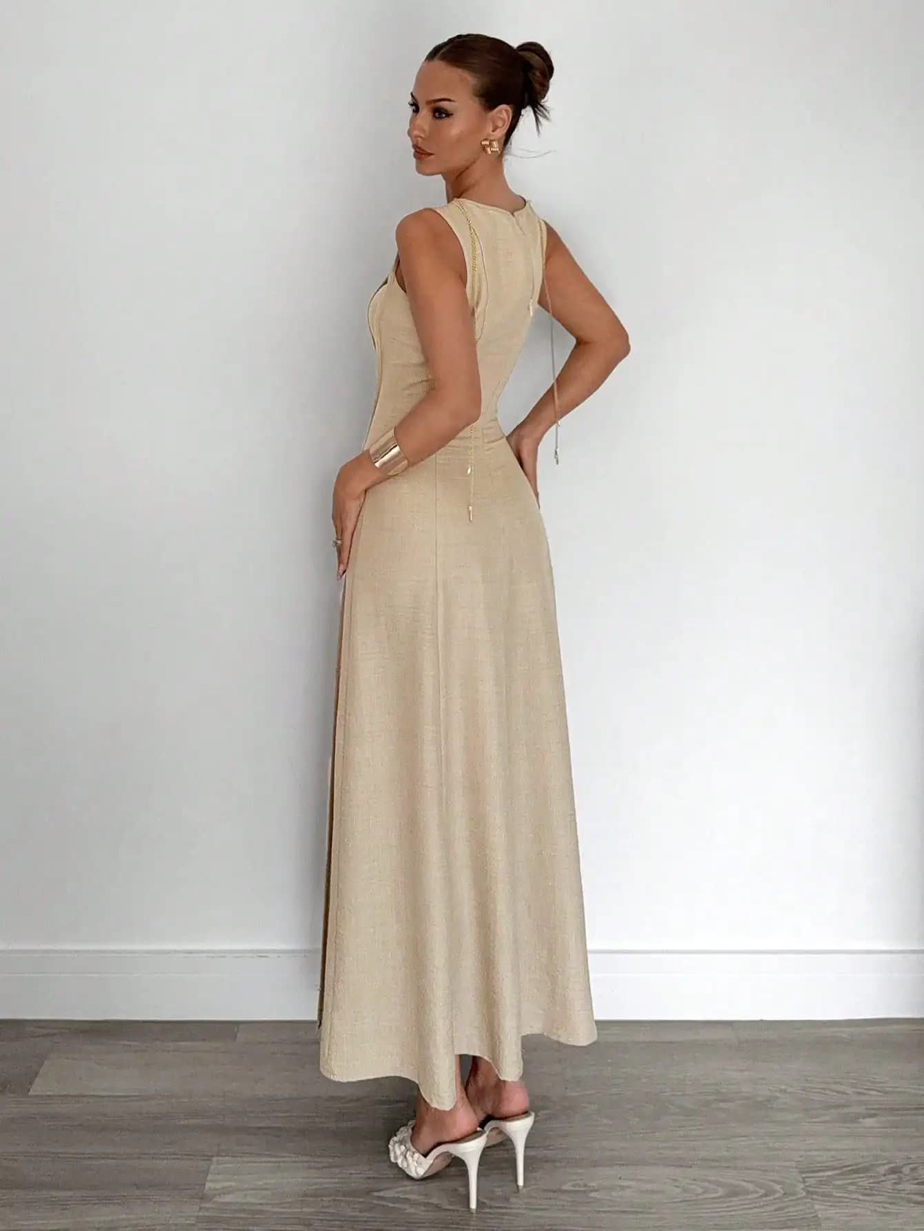 Elegant Sleeveless Linen Long Dress With Split Pleated Waist A-Line For Women