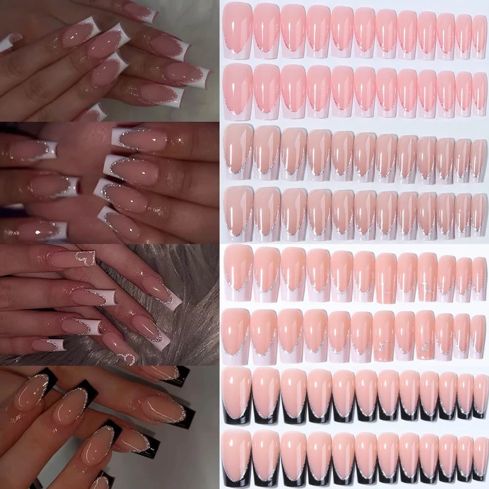 96 pieces (4 mixed) long heart-shaped nails white glitter tip french print on nail tips minimalist chic style - reusable design fake