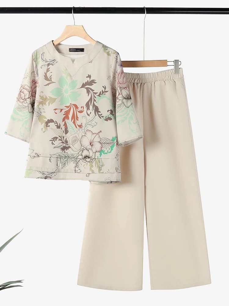 ZANZEA 2PCS Pantaloni Estivi Abiti da Donna Stampati Set di Corrispondenza Manica 3/4 Camicetta Floreale Pantaloni a Gamba Larga Set Casual Abiti Allentati