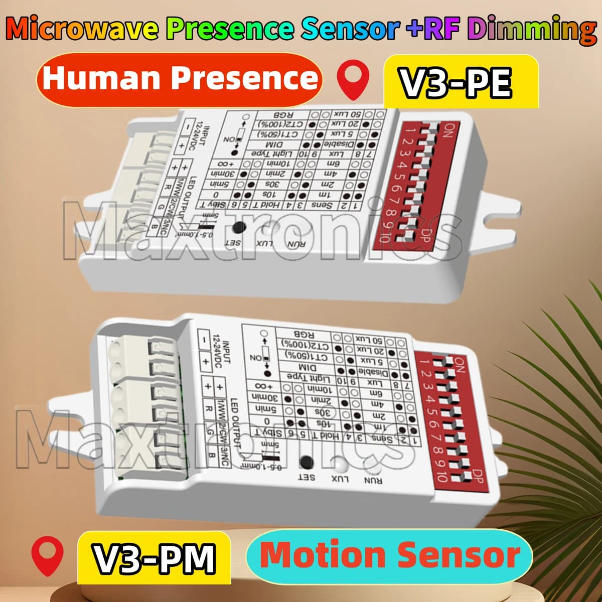 Sensore di movimento a microonde V3-PM/presenza umana V3-PE + RF 12-24VDC 3CH * 2A Controller LED a tensione costante a 3 canali per striscia LED