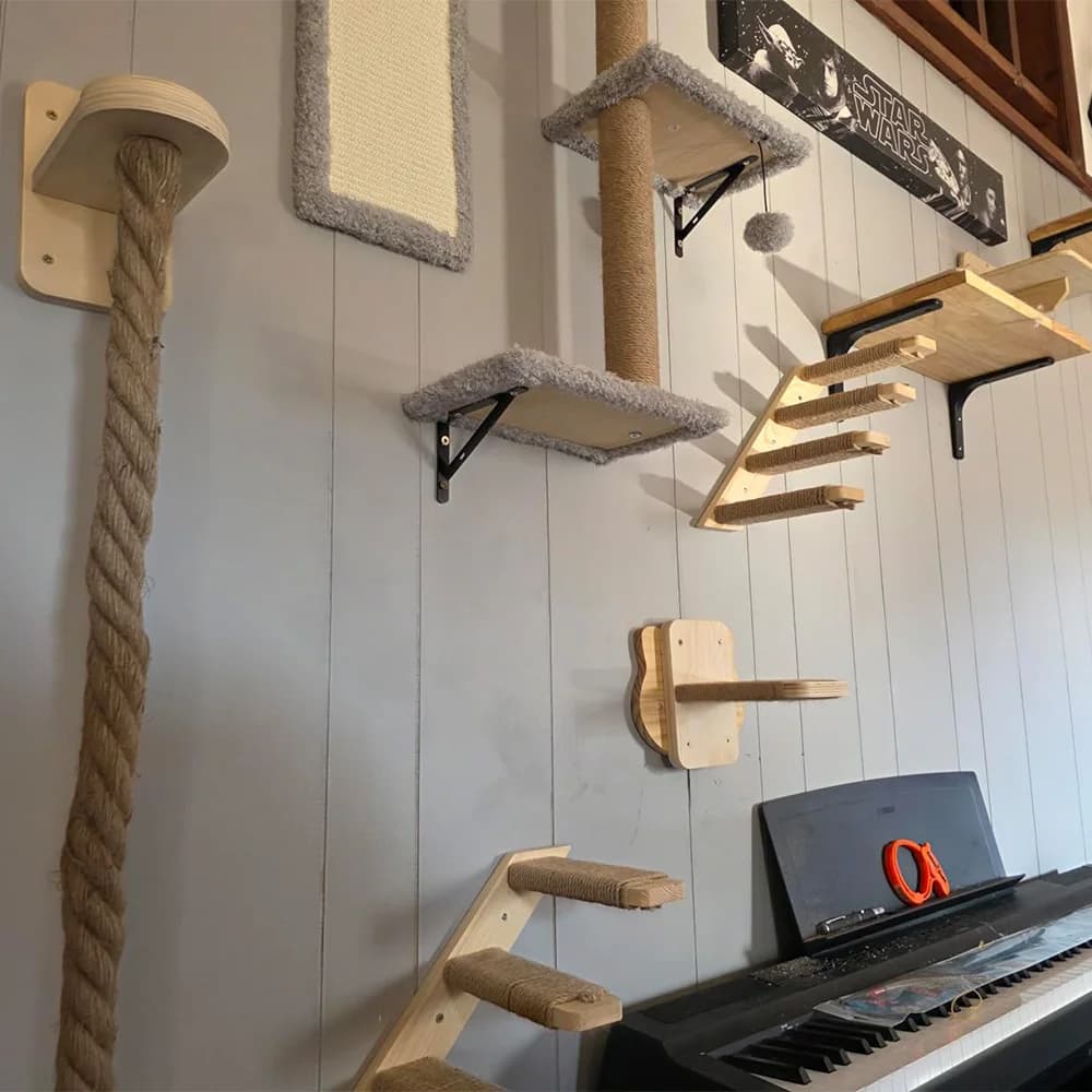 Mensole da Parete per Gatti, Tiragraffi in Legno con Sisal, Pedana per Arrampicata con Amaca, Area Gioco Interna per Gattini