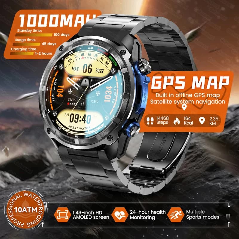 New Men Outdoor GPS Map AMOLED Watch Smart 1000mAh Battery Ultra Large 10ATM Waterproof Bluetooth Sport Fitness Smartwatch Call