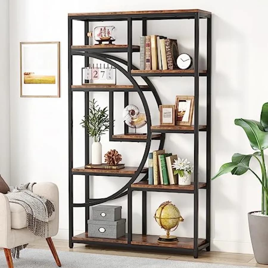 Industrial Bookcase with 5 shelves, High shelf, Display and Organizer with 9 Open compartments