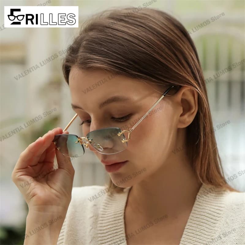 Diamond-Cut Rimless Glasses, Metal Temple Fluid Design Square UV400, Geometric Personality Sunglasses, Fashion Forward Sun Gear
