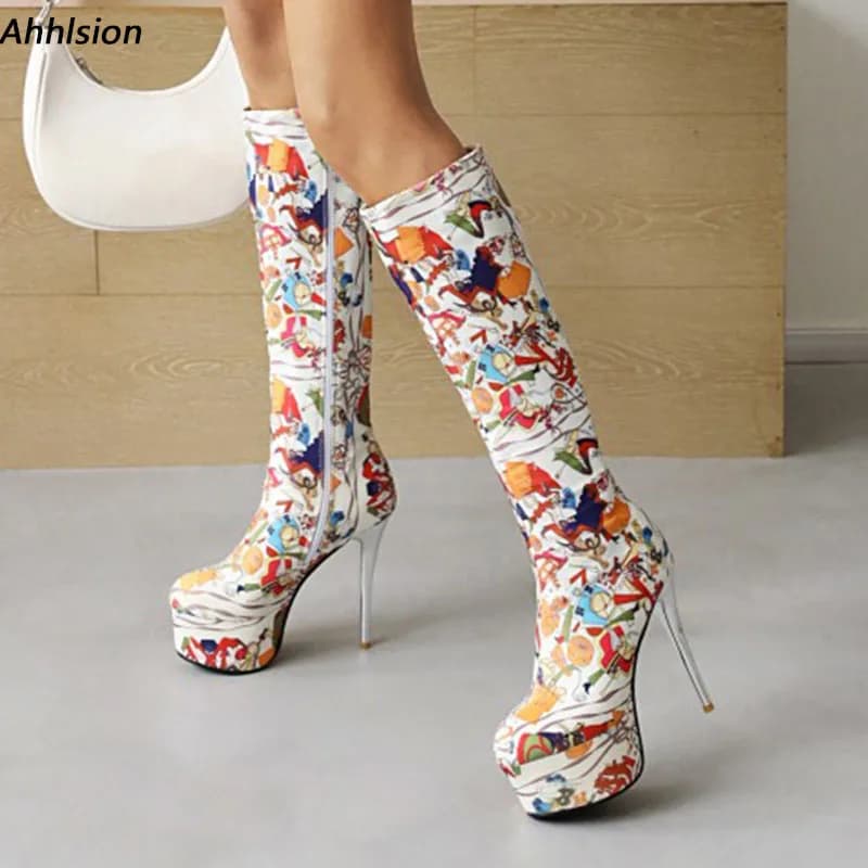 Ahhlsion New Women Winter Platform Knee Boots Zipper Thin Heels Round Toe Pretty Silver Party Shoes US Plus Size 4-10.5