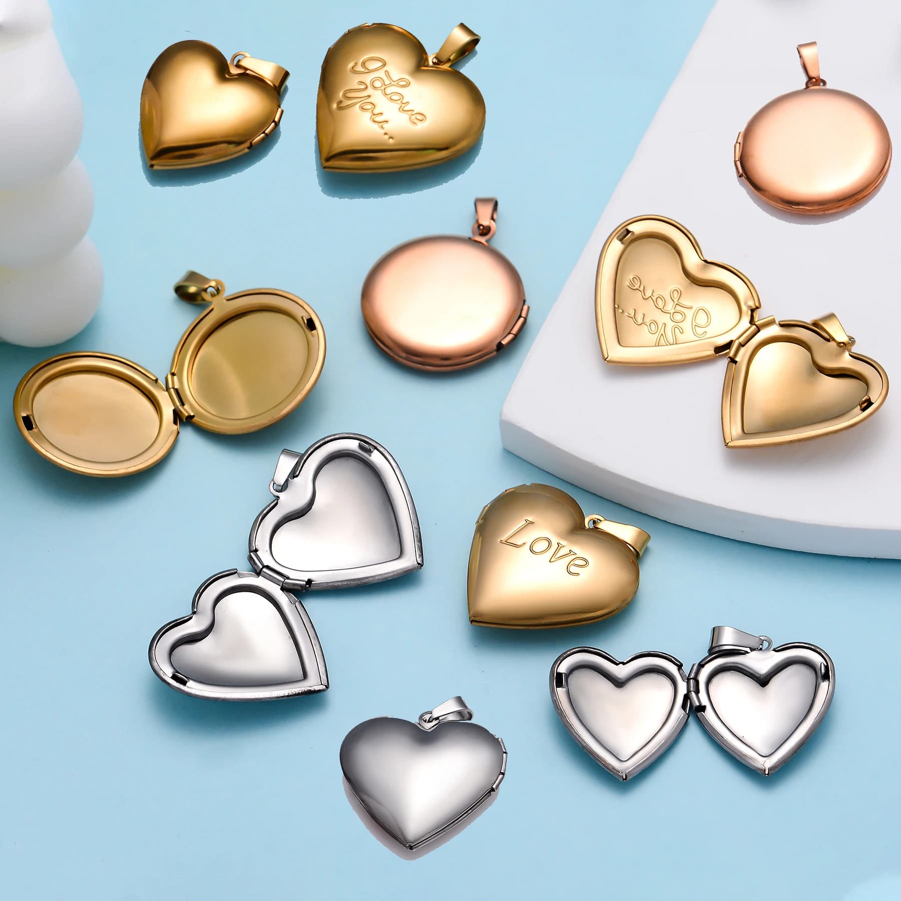 5 pendants with frame medallion for heart-shaped stainless steel photo / round for jewelry creation, diy accessories