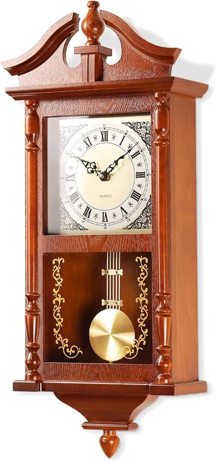® 25IN Grandfather Vintage Wall Clock with Pendulum and Chime, Hour/Quarter-Hour Chime, Rubberwood Frame, Large Vintage Wall Clo