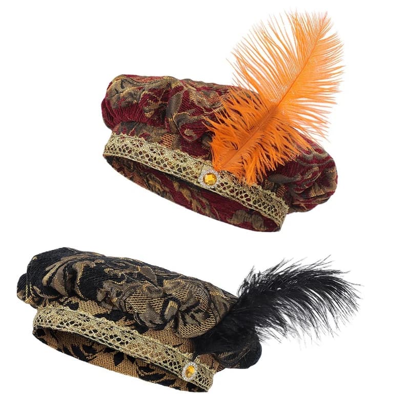 2026 Cappello medievale con piume multi-lama rosso di fascia alta, berretto da pancake, cappello piatto da corte jacquard nero, copricapo per costume cosplay