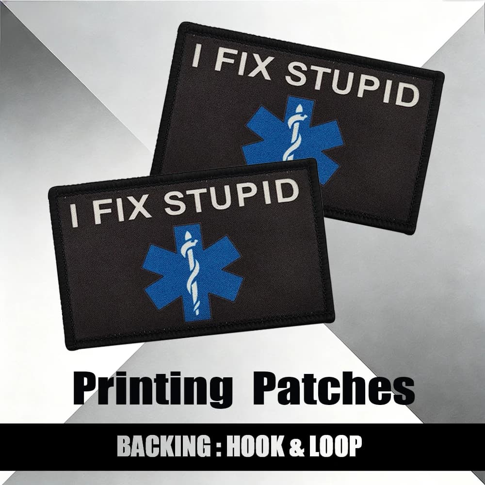 Patch Medico Hardcore Nero e Blu con Stella della Vita e Slogan 'I Fix Stupid' - Toppe Tattiche Umoristiche per Gilet