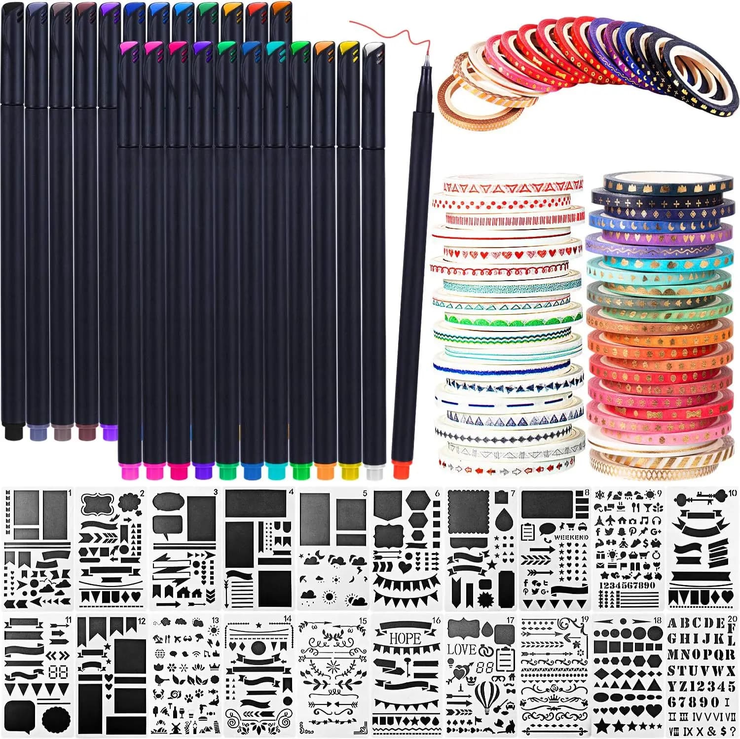 48 Pack Scrapbooking Supplies Kit with Stencils, Washi Tape, and Pens for Journal, Diary, DIY Projects