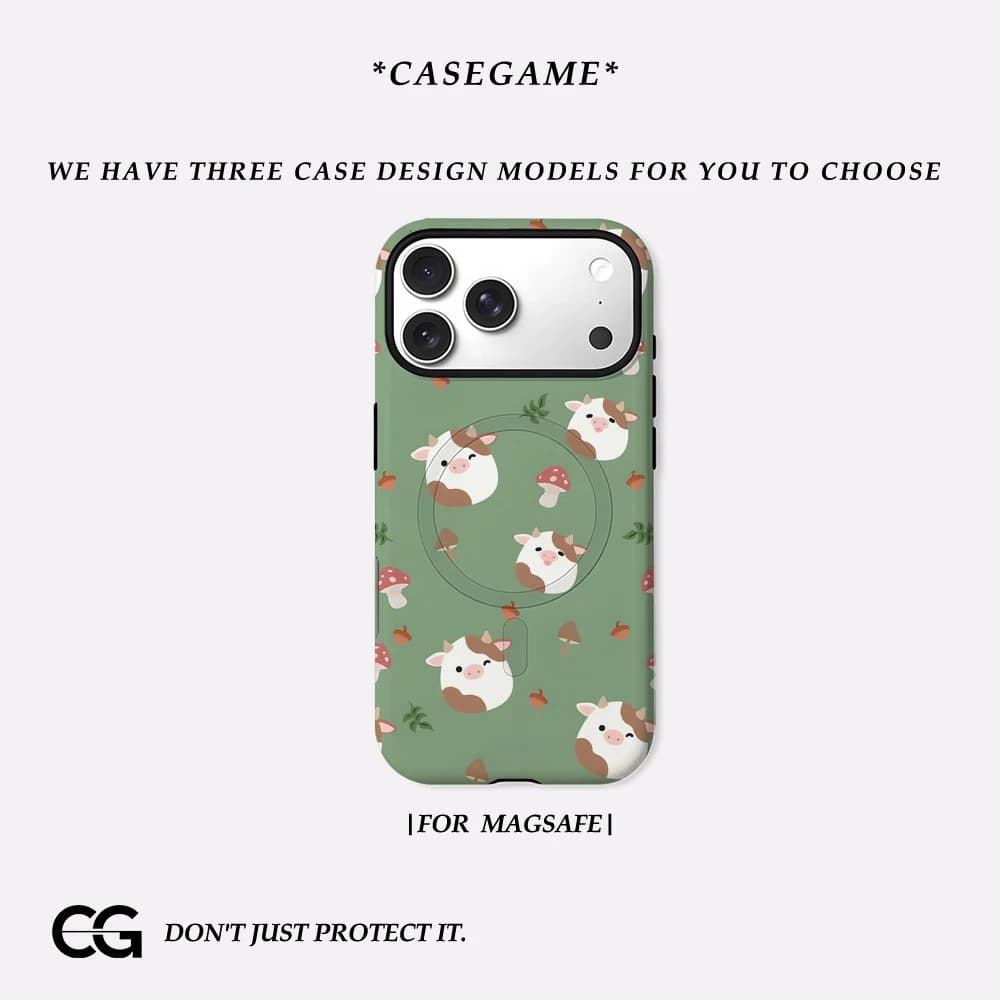 Casegame Cover Opaca Antiurto per iPhone 17 16 15 14 Plus 13 Pro Max con Bumper per MagSafe, in PC Rigido, Design Mucca Verde e Fungo