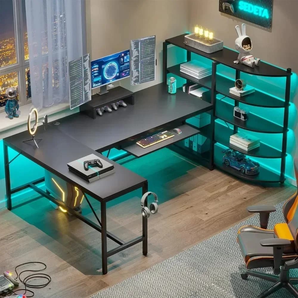 Scrivania per Computer a L, 160 cm con Ripiani Portaoggetti, Vassoio per Tastiera, Supporto per Monitor e Gancio per Cuffie, Scrivania Angolare per Gaming