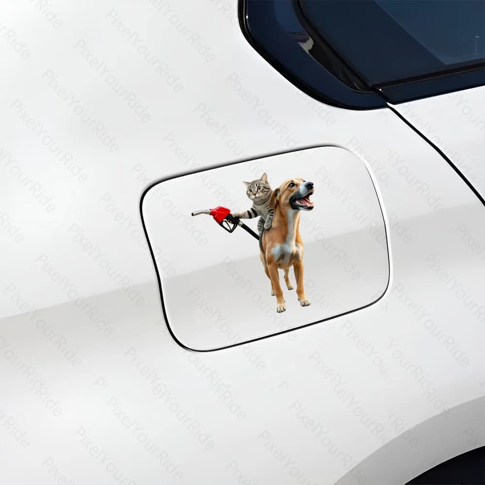 Divertente Adesivo Combinato Gatto e Cane per Rifornimento Carburante, Decalcomania in Vinile Impermeabile per Tappo Serbatoio Moto, Auto e Decorazione Specchietto