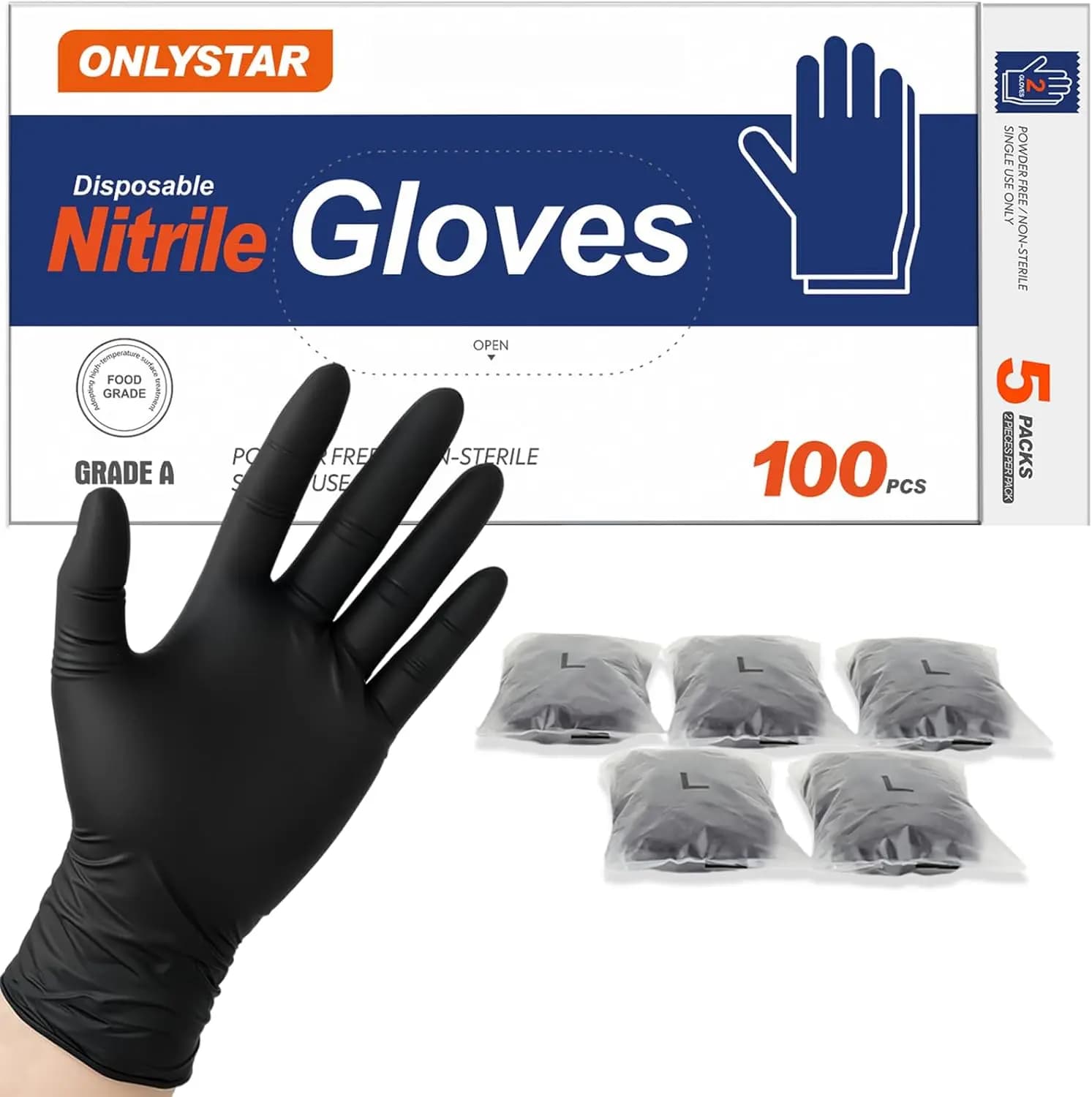 5-Mil Food Grade Disposable Nitrile Gloves Large, 100Pcs + 5 Pairs Individually Wrapped Cooking Gloves, Latex & Powder Free, Tou