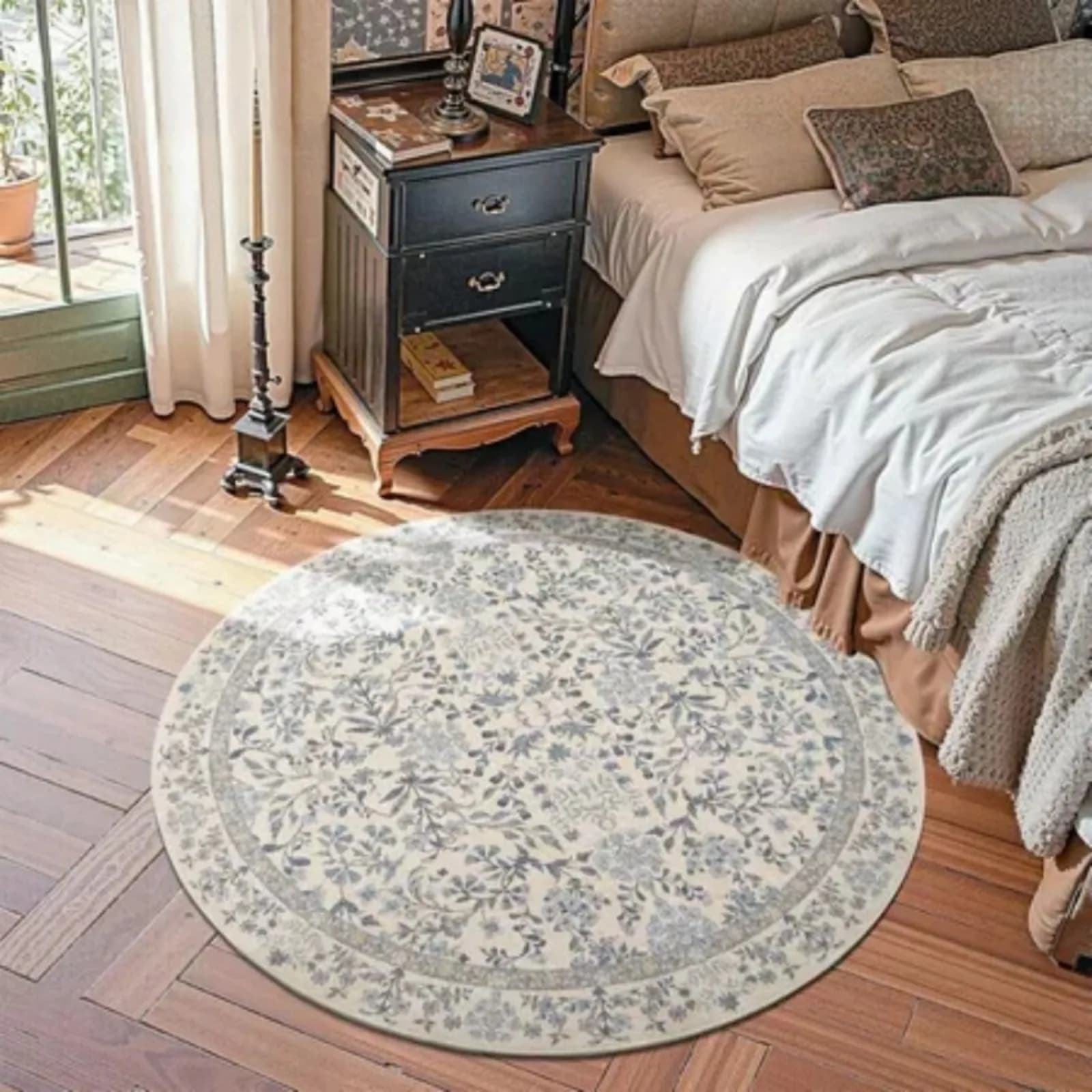 Round Rug 4ft Area Rug Soft 4'Round Vintage Floral Rug Non-Slip Low-Pile Machine Washable Carpet for Bedroom Dining Room Living Room Office Foyer Farmhouse Blue/Cream