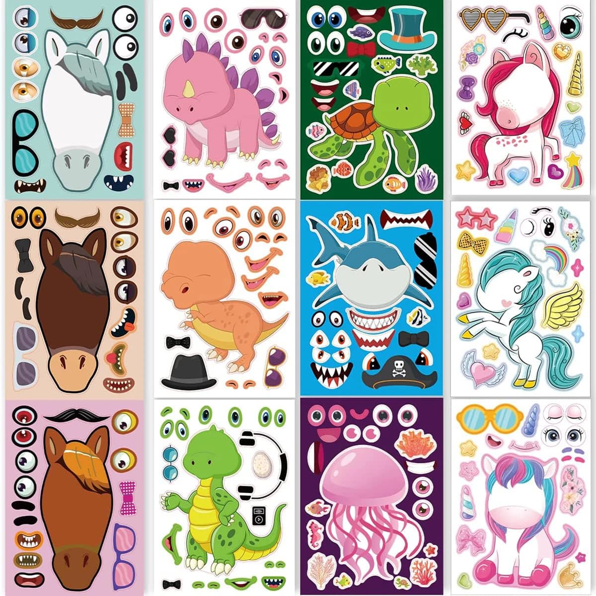 24 Sheets Make Your Own Stickers Toddlers Face Stickers Mix Match Unicorns Dinosaur Horse And Sea Animals For Kids Party Favors