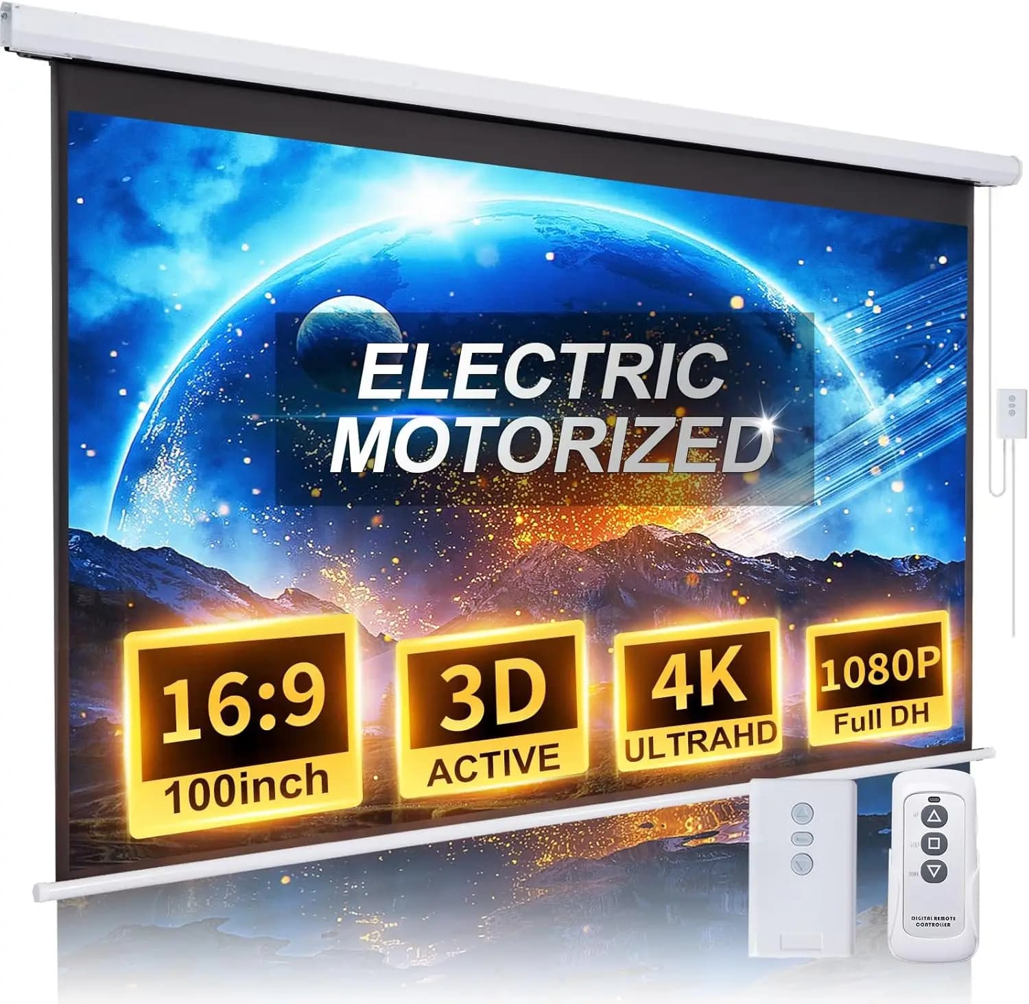 Schermo per Proiettore Motorizzato Retrattile 100" 16:9 HD con Telecomando, Elettrico per Uso Interno ed Esterno