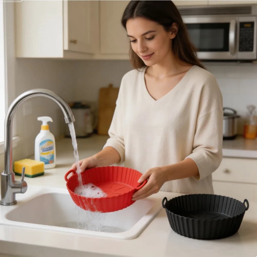 Round Silicone Air Fryer Liner Reusable Heat Resistant Non-Stick Baking Tray with Handles