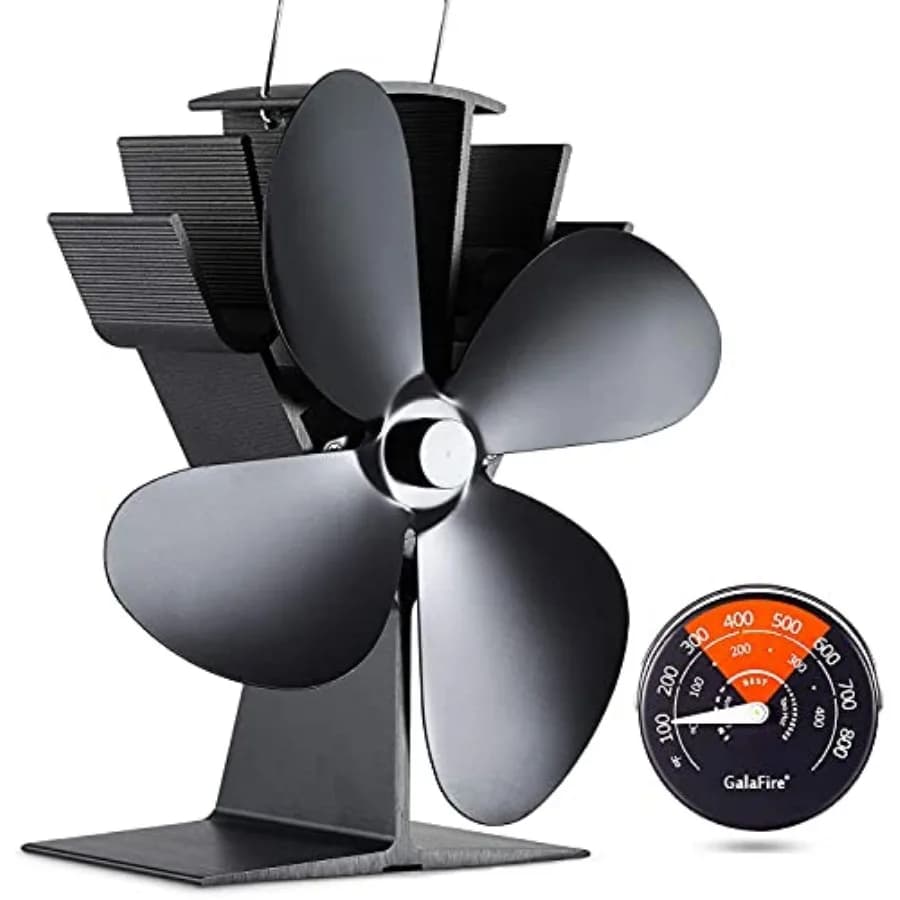 Ventilatore per stufa a legna a 4 pale alimentato a calore + termometro magnetico, 122 ° Ventilatore Ecologico Non Elettrico F Start per Caminetto a Gas/Pellet/Legna