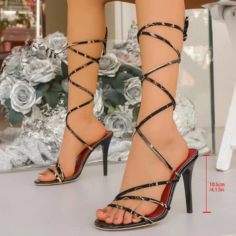 Sexy Sandals with High Heel and Ankle Strap, Black, Summer 2026, Sandals with Straps Crossed, Stiletto, Plus Sizes, Women's Gladiator Shoes
