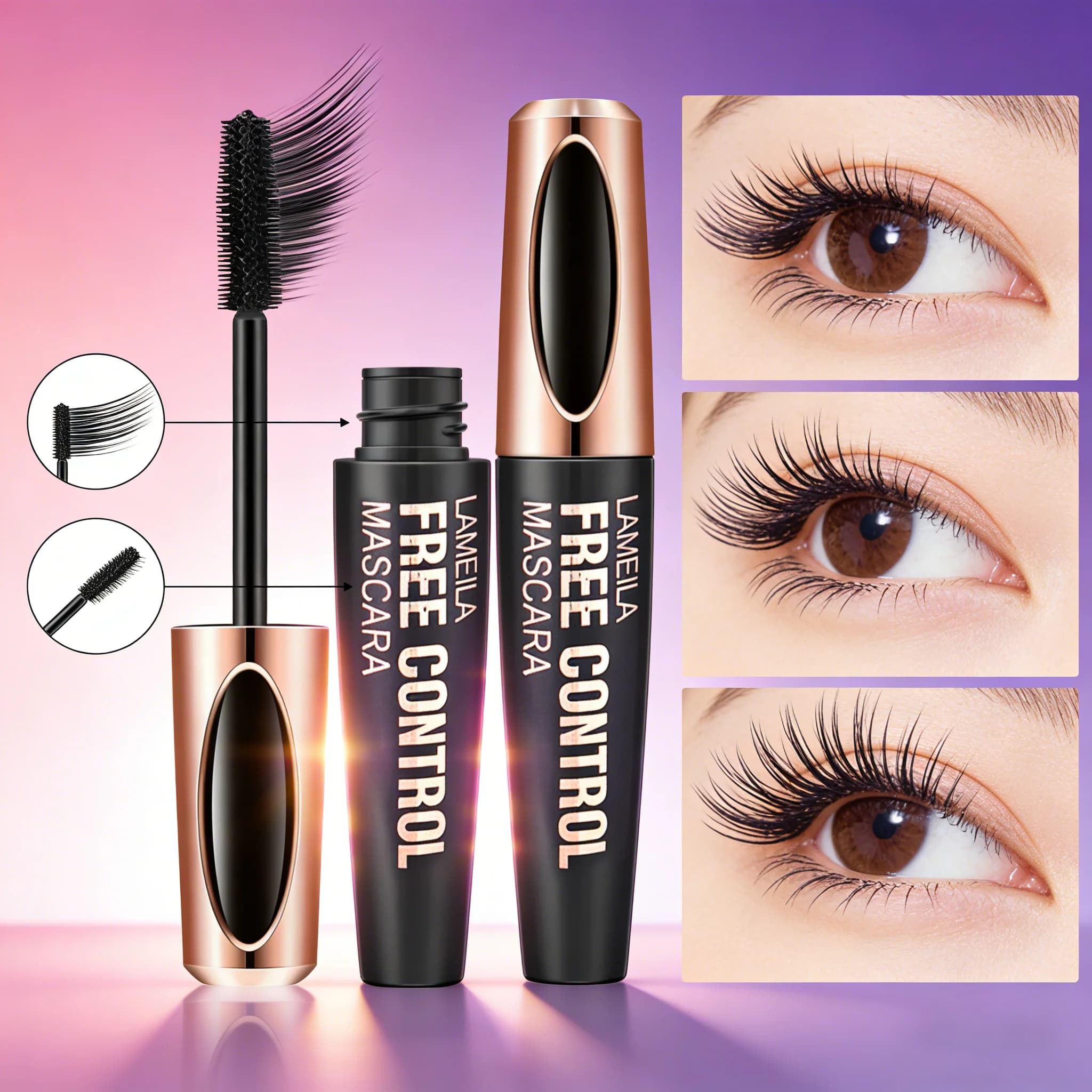 Mascara per Ciglia in Fibra di Seta 8D, Impermeabile, Volumizzante, Allungante, Incurvante, Lunga Durata, Nero, Senza Sbavature