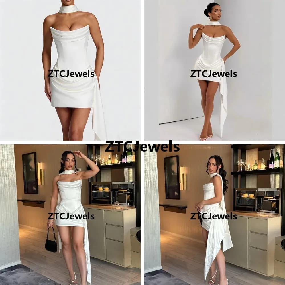 Abito Corsetto Senza Spalline Nero e Bianco in Raso Mini Abito Drappeggiato con Sciarpa per Cosplay e Feste Cocktail