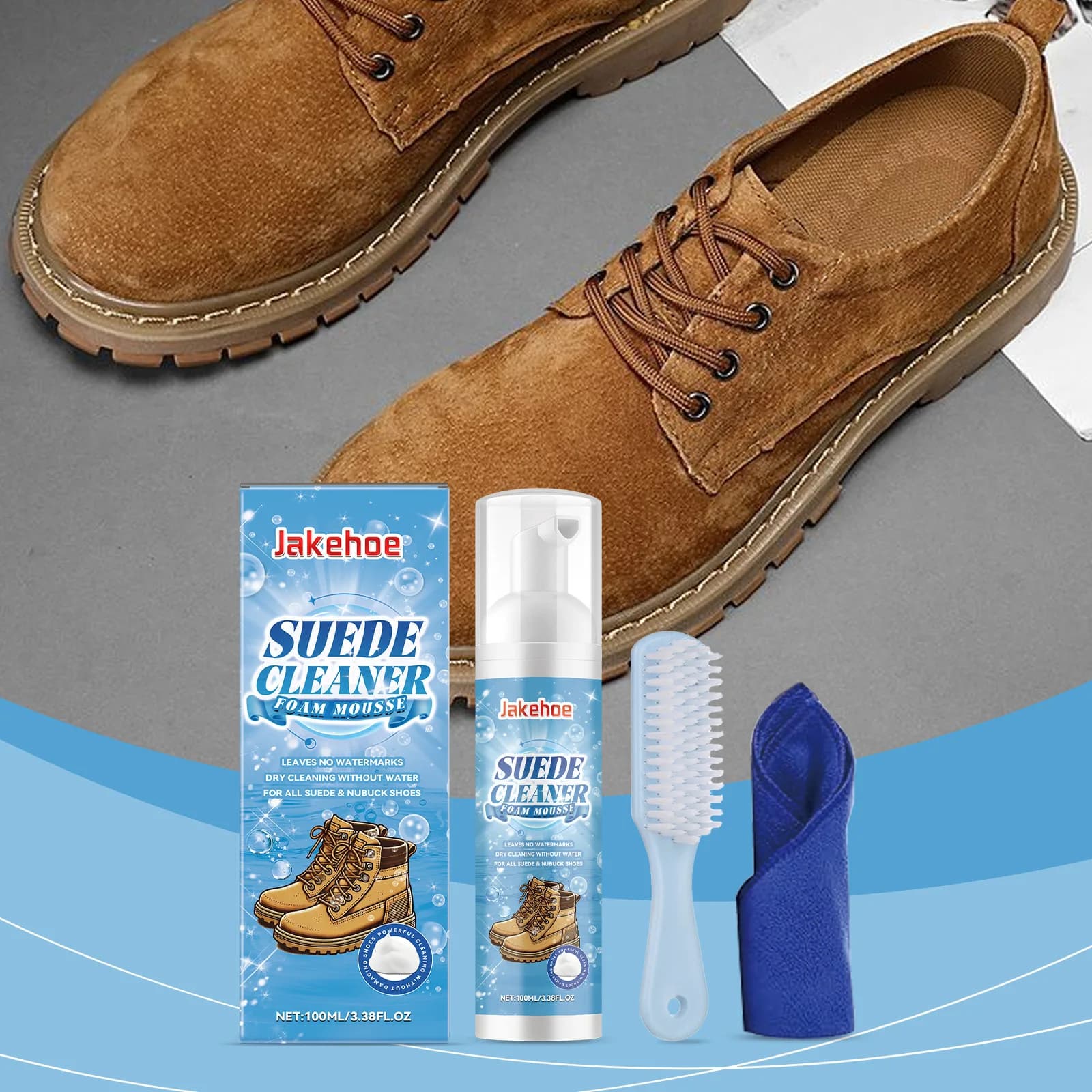 Kit Mousse in schiuma detergente per pelle scamosciata da 100 ml - Con spazzola e asciugamano per scarpe in tela scamosciata, nabuk, pelle, rimozione macchie/marca d'acqua