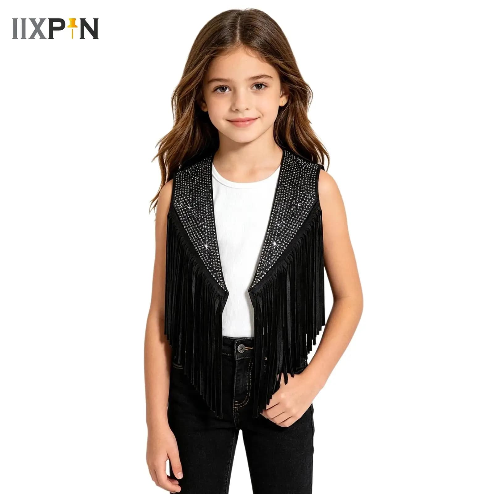 Gilet Etnico da Cowboy per Ragazze, Giacca Senza Maniche con Frange, Cardigan Vintage Western con Borchie e Nappine