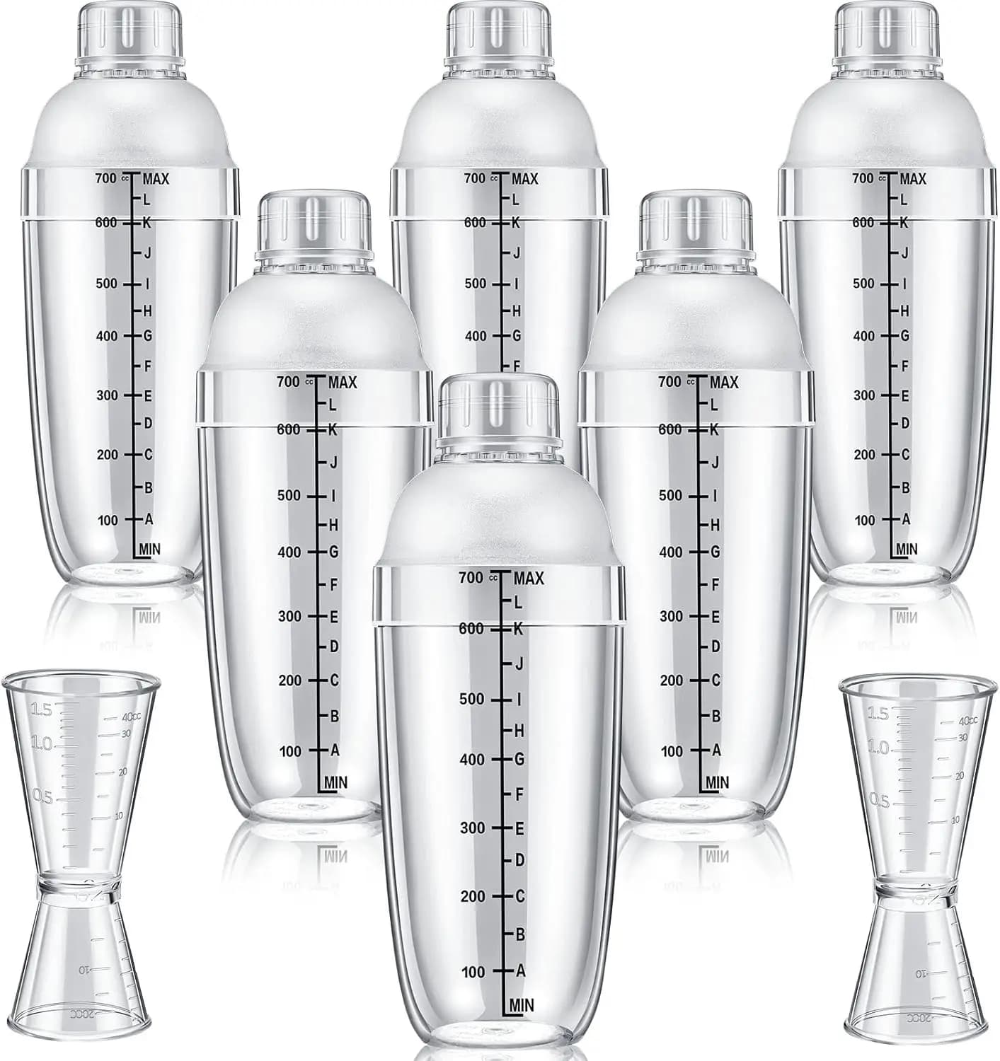 Set da 8 Pezzi per Cocktail in Plastica con 6 Shaker, 2 Jigger per Misurare e Bottiglia Trasparente per Cucina, Bar e Feste