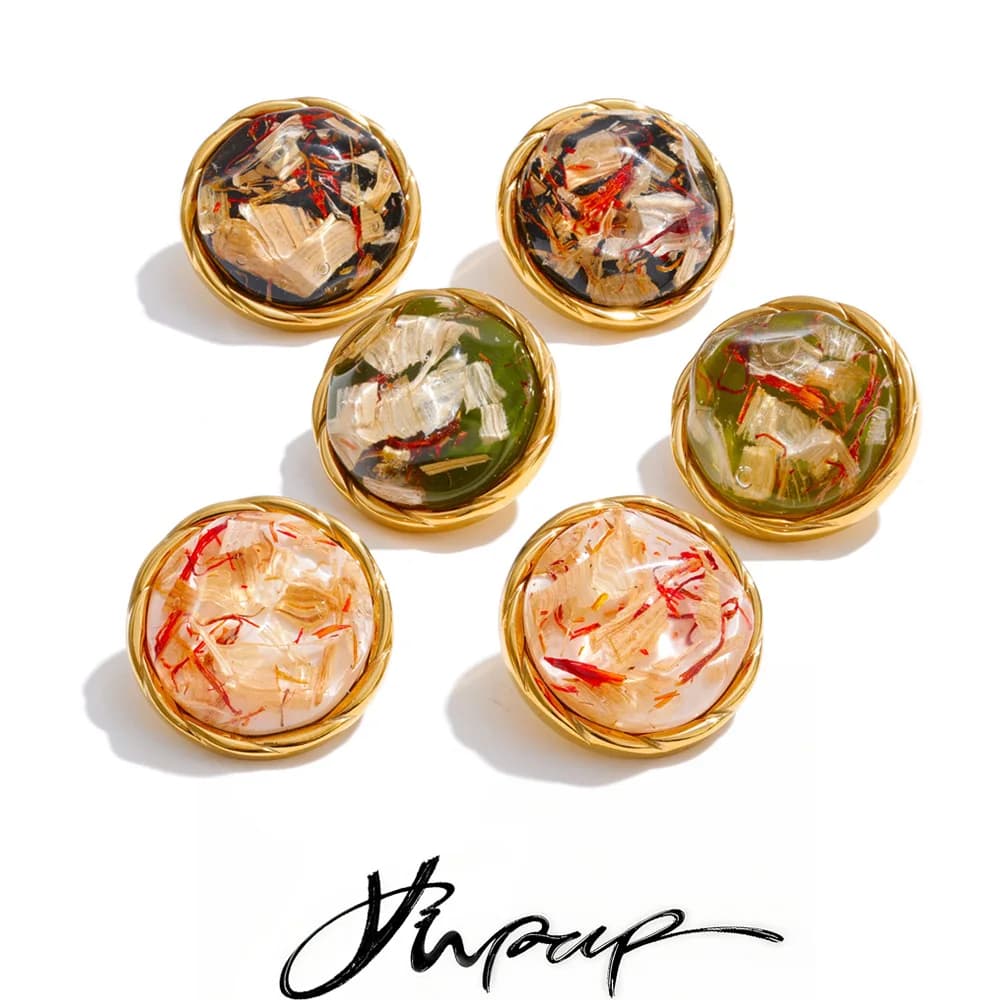 Yhpup 3 Color Stainless Steel Resin Round Stud Earrings 2025 Golden PVD Waterproof Plated Fashion Daily Korean Jewelry Earrings