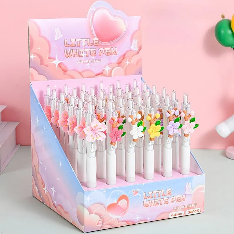 36 pezzi di graziose penne gel a forma di fiore per scrivere, penne a scatto, materiale scolastico, penna a fiore all'ingrosso, cancelleria per ufficio, cose carine per ragazze