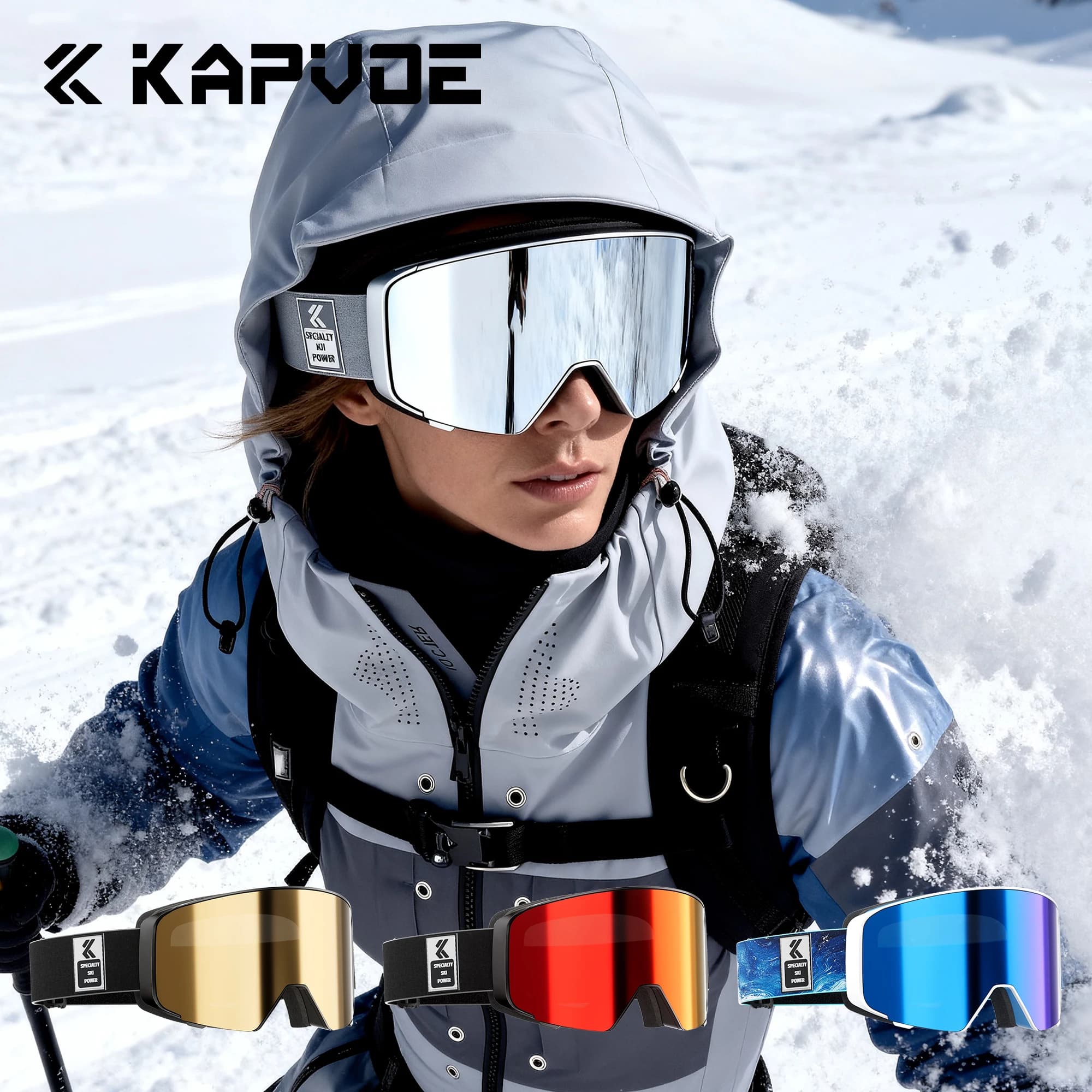 Kapvoe New Flip Occhiali da sci Uomo Occhiali da neve Donna Anti-Fog Snowboard Maschera da sci sulla neve UV400 Occhiali da motoslitta Moto