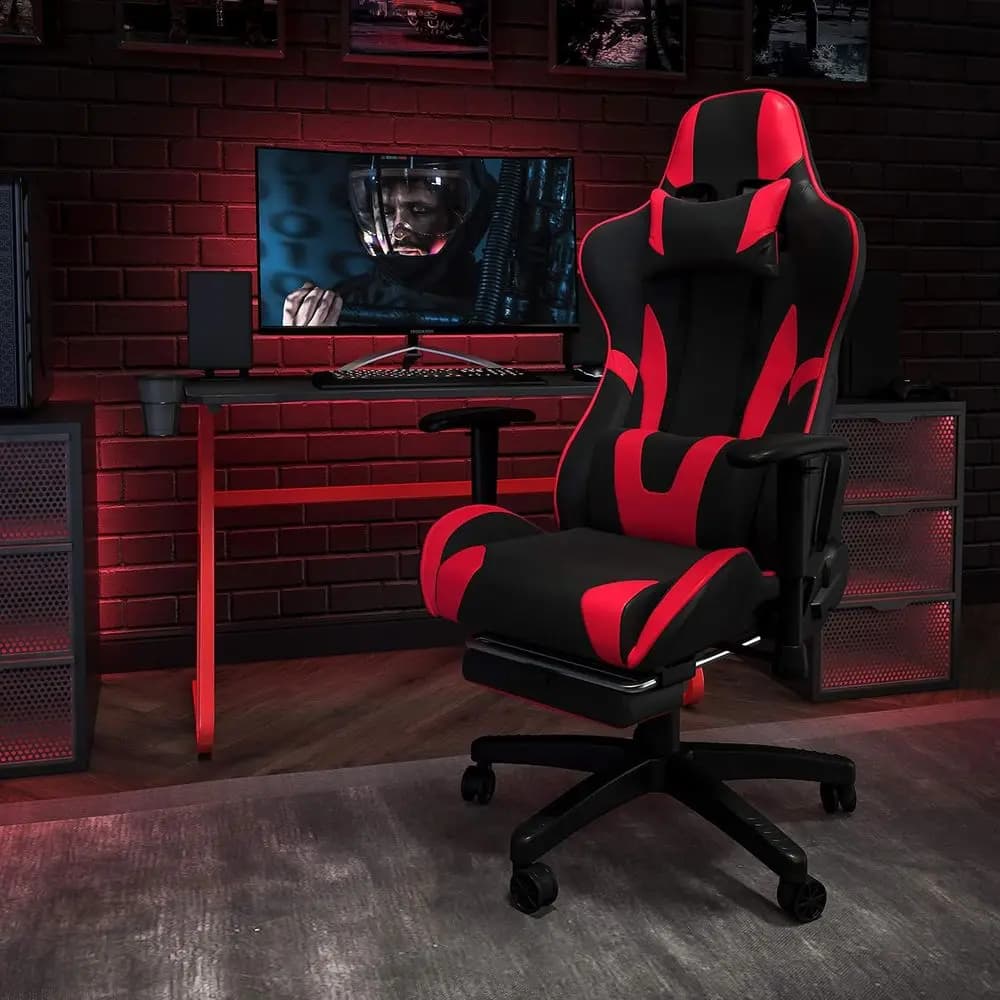 Set di scrivania da gaming rossa all'avanguardia e sedia reclinabile con portabicchieri e piedistallo