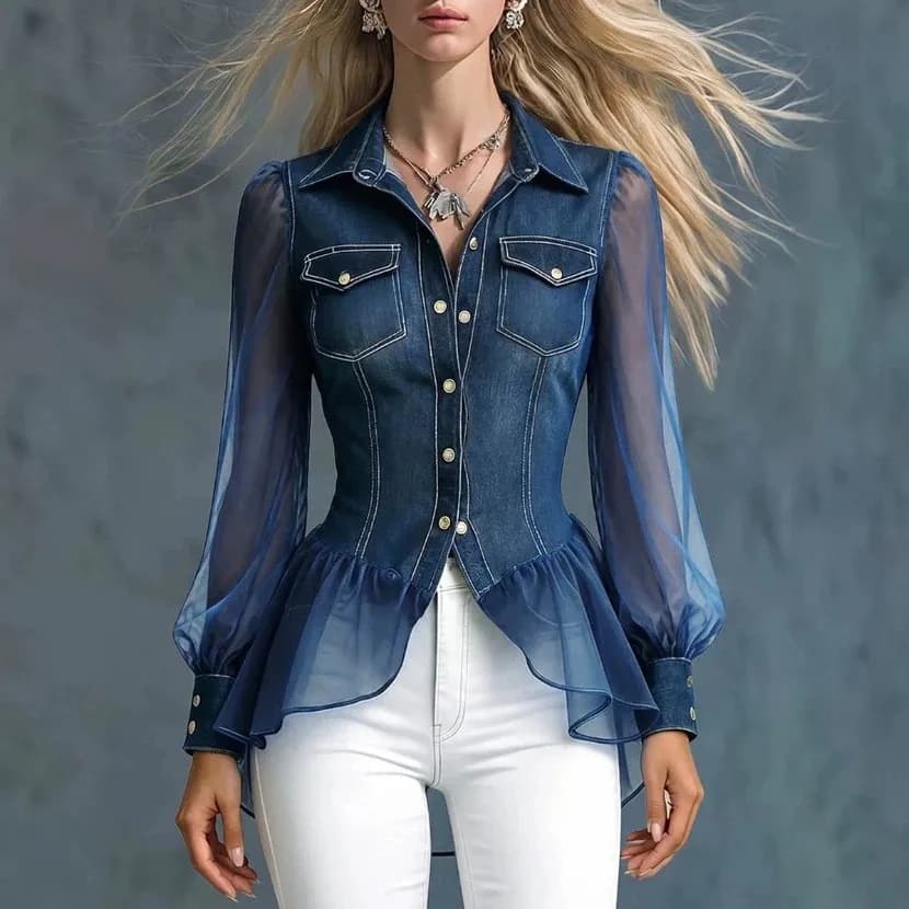 New Spring Autumn Sheer Organza Sleeve Imitation Denim Blouse Women Lapel Pocket Decor Flared Hem Slim Shirt Daily Commuter Wear