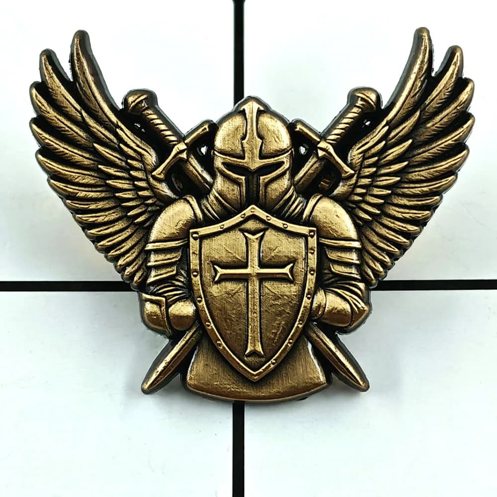 Golden Angel Knight Brooch Cross Shield Guardian Badge Golden Armor Wings Metal Pin Faith Decoration Collar Pin Accessory Gift