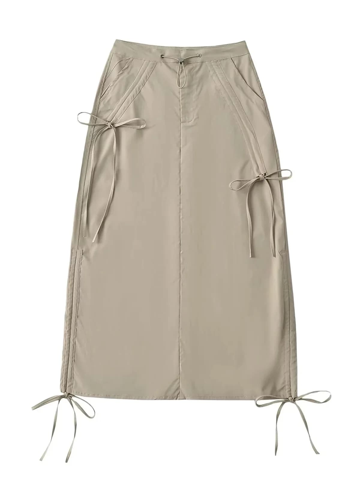 Nuovo a vita alta con coulisse legato fiocco da lavoro gonna Midi fiocco per le donne gonna lunga a trapezio con spacco a pieghe abbigliamento estivo da donna PUZ