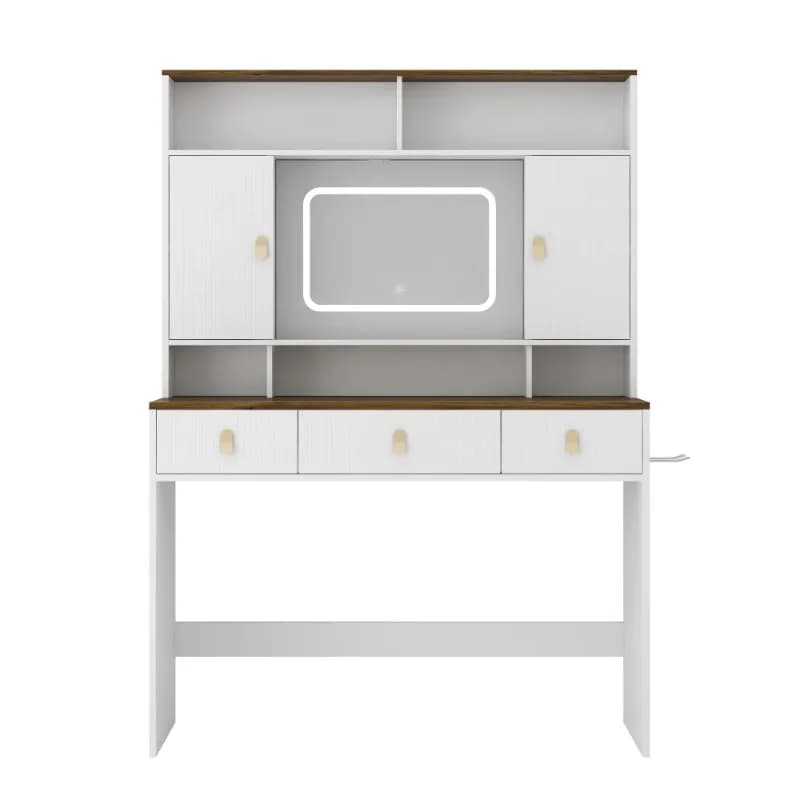 Farmhouse Dressing Table Makeup Table, 43" Wide Dressing Table with Lighted Mirror and Makeup Drawer, Large Modern Dressing Table Set with Hair Dryer Holder for Bedroom, White