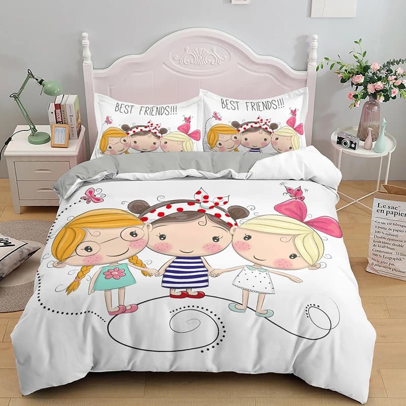 Cartoon Lovely Girls King Queen Copripiumino Cute Little Girl Pattern Set di biancheria da letto Bambini Pink Pretty 2/3 pezzi Copripiumino in poliestere